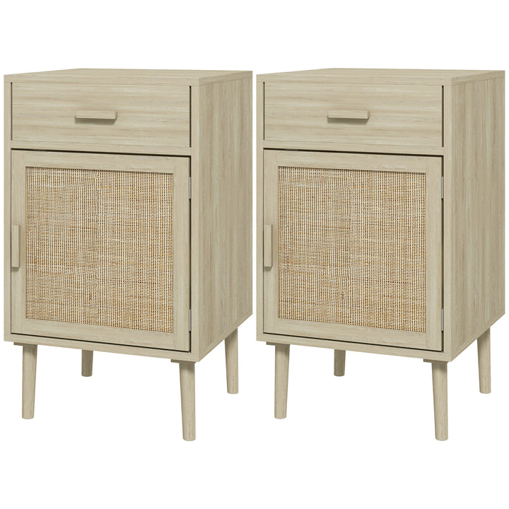 HOMCOM Bedside Tables Set of 2, Rattan Side Tables w/ Drawer, Cabinet, Adjustable Shelf, Bedside Cabinets w/ Storage for Living Room | Aosom UK