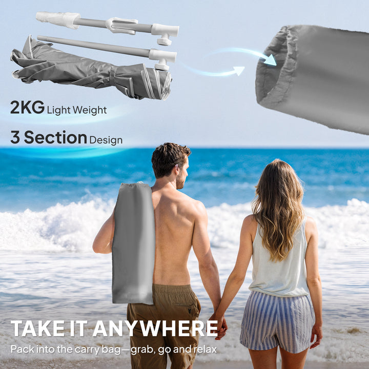 Beach Umbrella Portable with Sand Anchor, Carry Bag, Adjustable Height & Tilt, UPF50+ UV Protection, Grey