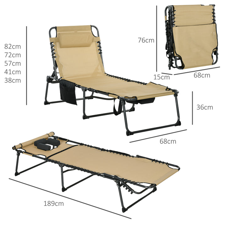 Folding Sun Lounge with 5-level Reclining Back, Outdoor Tanning Chair with Reading Hole, Outdoor Sun Lounge with Side Pocket, Headrest, for Beach, Yard, Patio, Beige