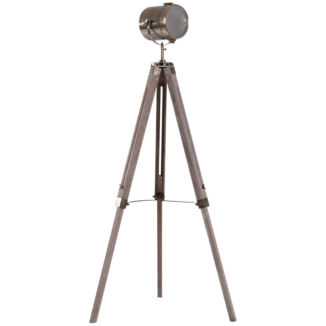 Industrial Tripod Floor Lamp, Nautical Searchlight with Adjustable Height, Wood Legs, E14 Lamp Base for Living Room, Bedroom, Grey and Bronze
