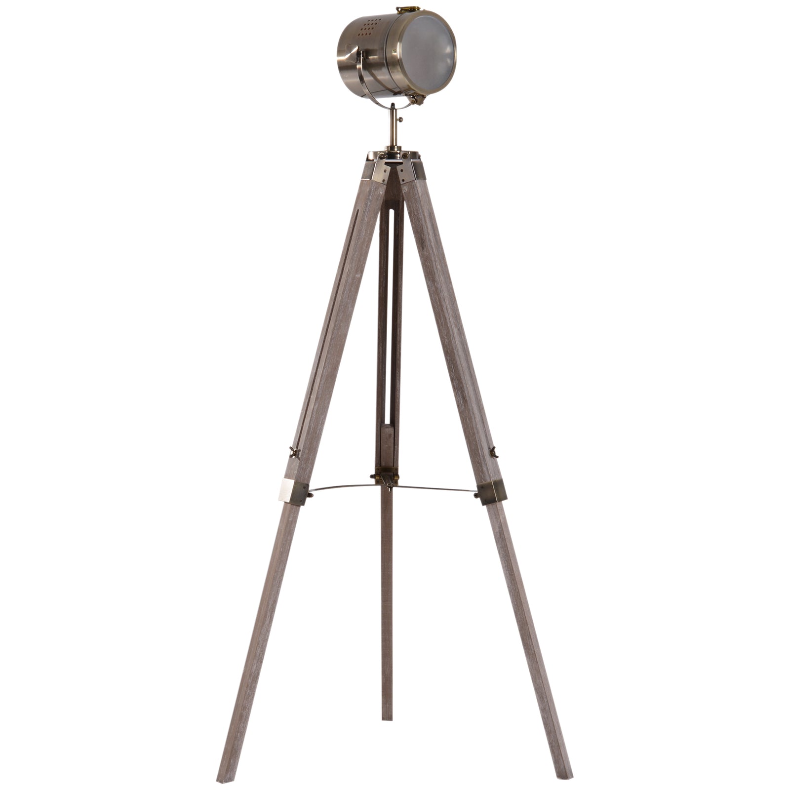 Industrial Tripod Floor Lamp, Nautical Searchlight with Adjustable Height, Wood Legs, E14 Lamp Base for Living Room, Bedroom, Grey and Bronze