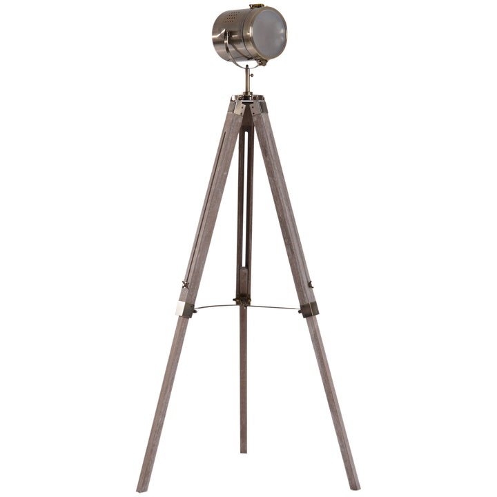 Industrial Tripod Floor Lamp, Nautical Searchlight with Adjustable Height, Wood Legs, E14 Lamp Base for Living Room, Bedroom, Grey and Bronze
