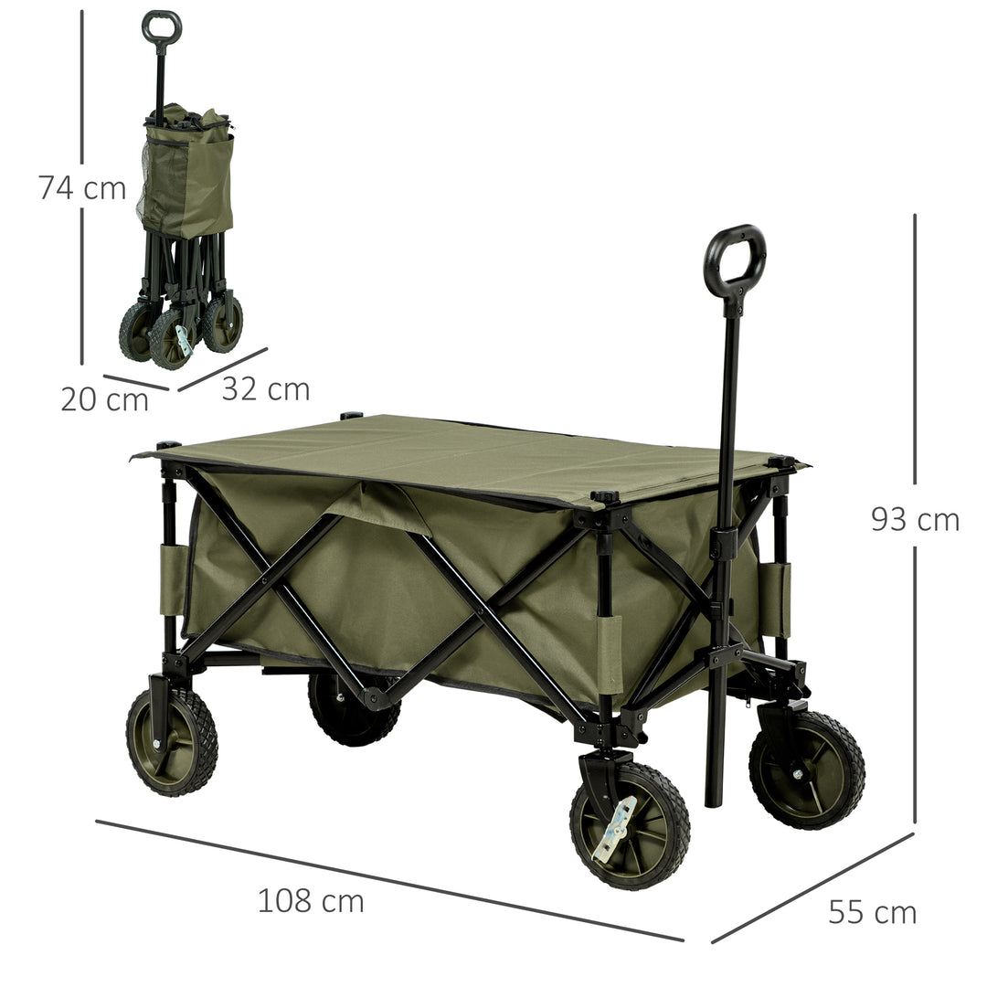 Folding Garden Trolley, Cargo Trailer on Wheels, Collapsible Camping Trolley with Folding Board, Outdoor Utility Wagon with Steel Frame and Oxford Fabric, Green