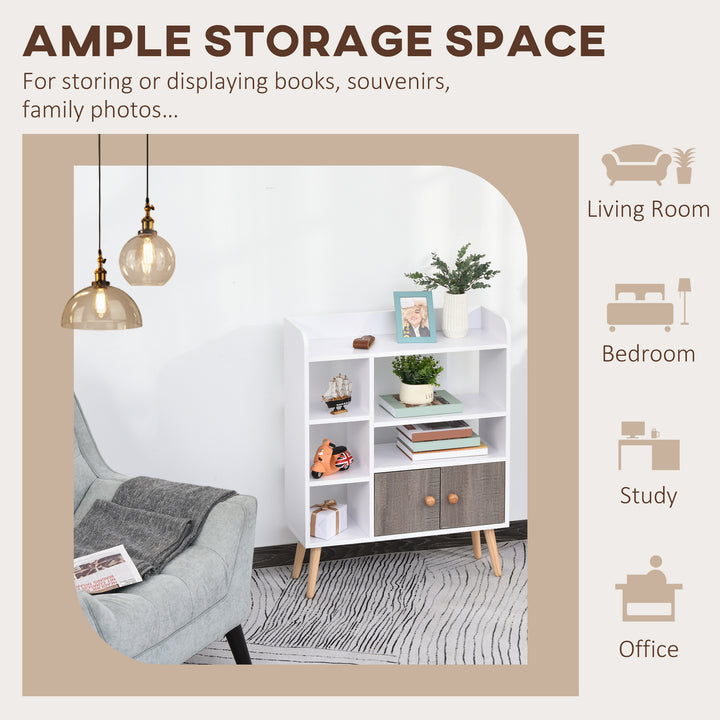 MCL Bookcase, Freestanding Book Shelf with Storage Cabinet, 6 Shelves and Wood Legs for Home Office Display, White and Grey, 24D x 71.8W x 90.8H cm