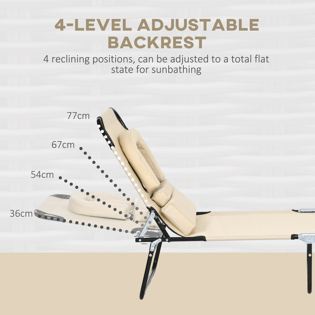 Outdoor Folding Sun Lounger Set of 2 with Face Hole, 4 Level Adjustable Backrest Reclining Garden Lounger, Garden Recliner Sunbed with 600 D Oxford Cloth Seat and Pillow for Beach, Sand