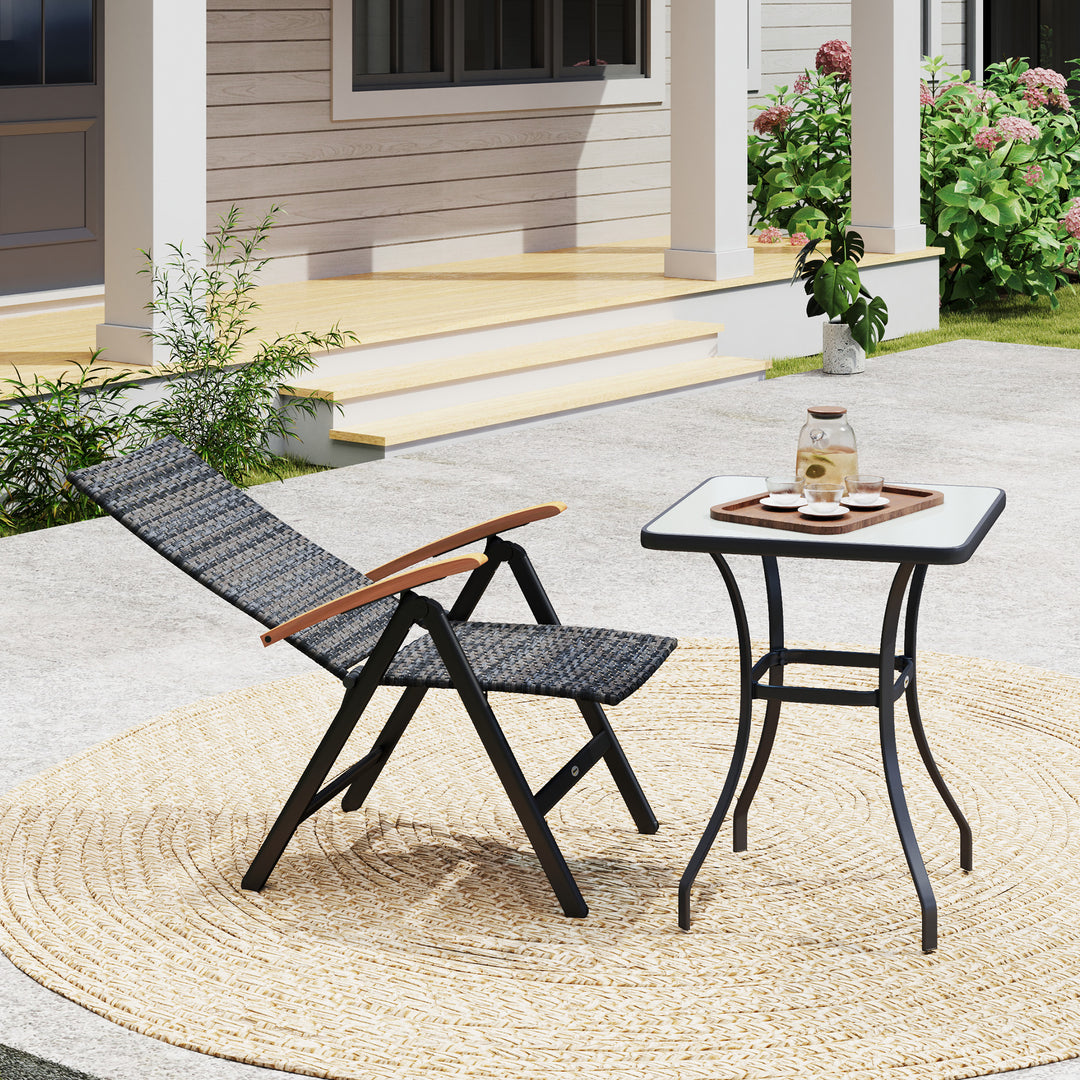 Folding Rattan Garden Dining Chair with 5-level Reclining High Back, Wood Armrests for Outdoor, Patio - Mixed-grey