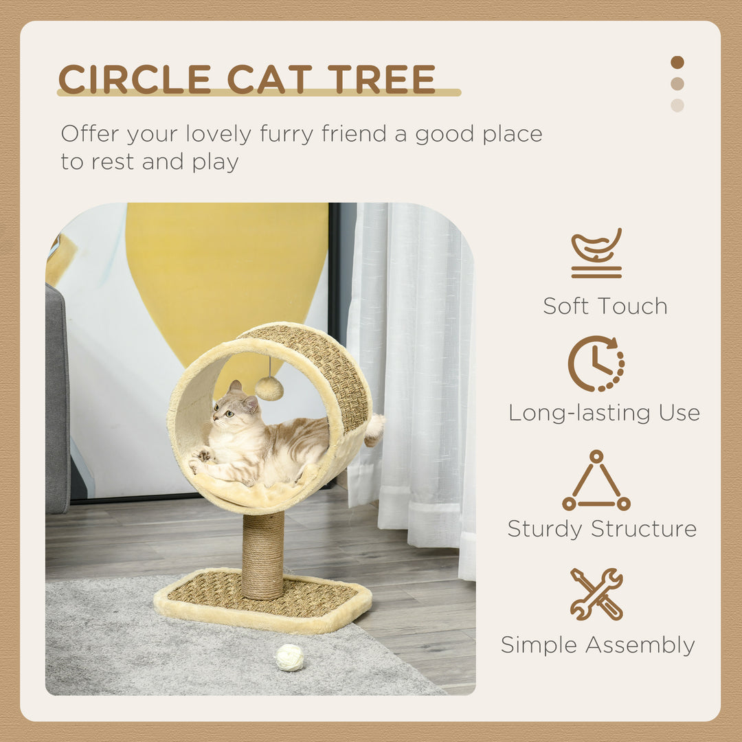 PawHut 56cm Small Cat Tree for Indoor Cats with Scratching Post, Kitten Tower with Tunnel, Ball Toy, Cushion, Beige