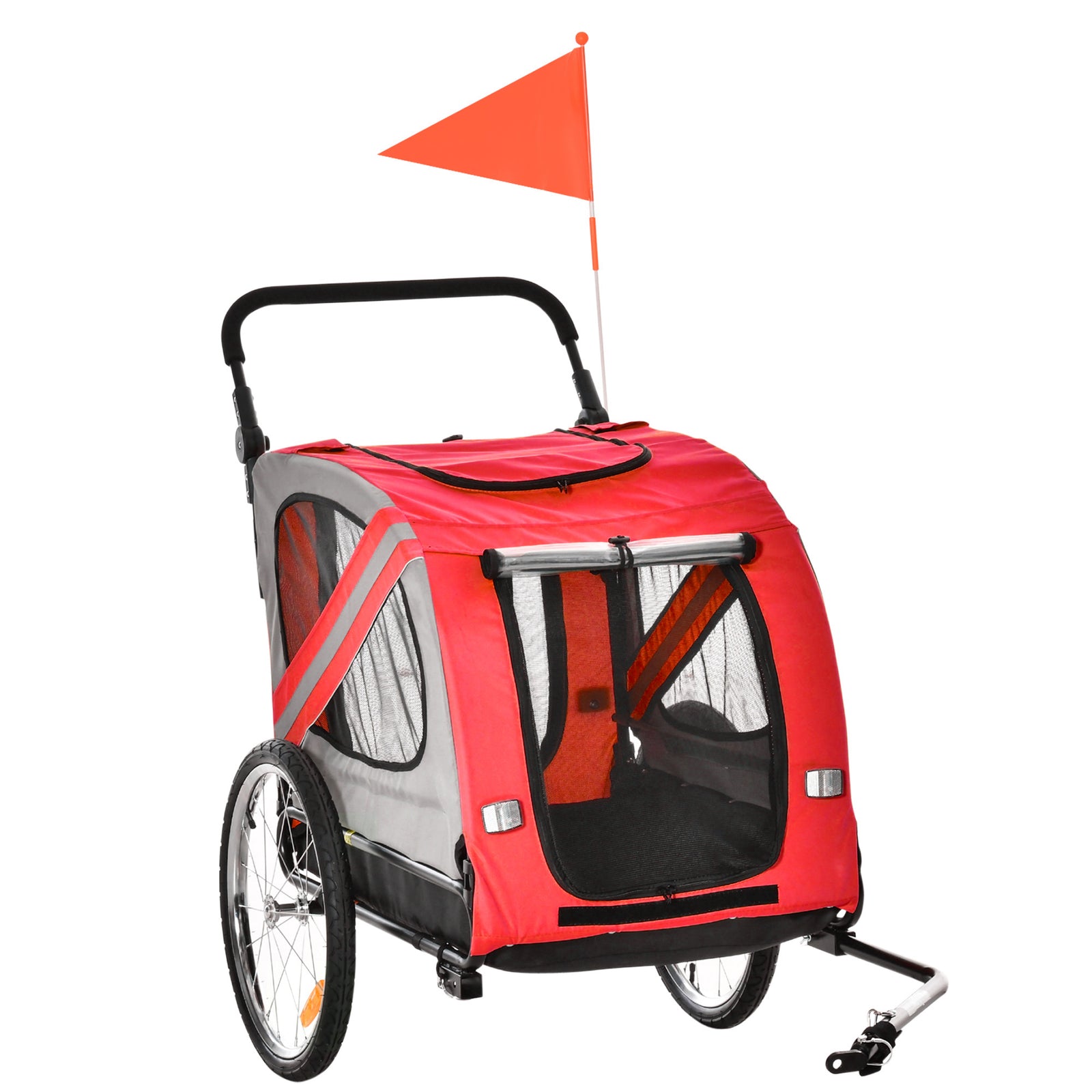 2-In-1 Dog Bike Trailer Pet Stroller with Universal Wheel Reflector Flag Red
