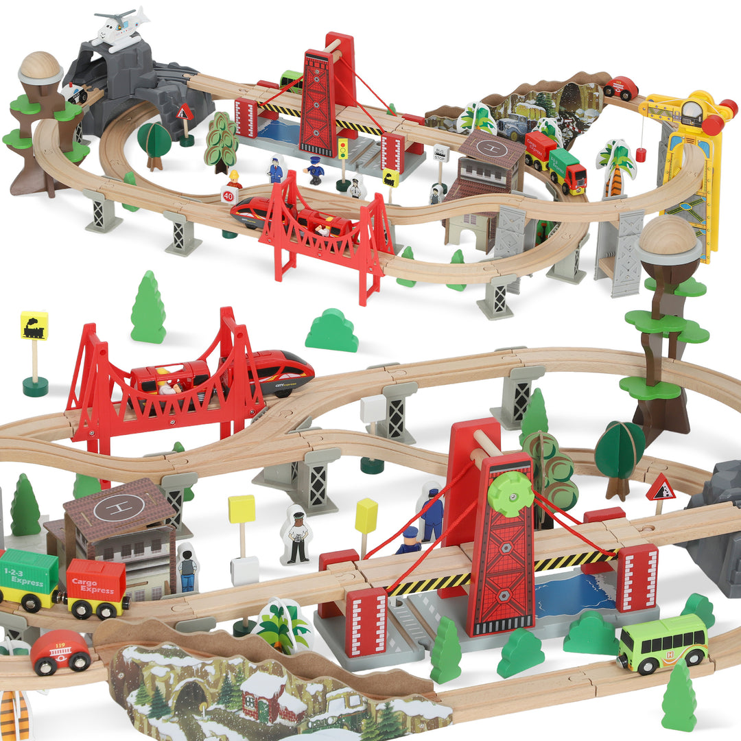 MCL 100 Piece Wooden Train Set for Kids 3+ Years with Track, Crane, Battery Operated Train