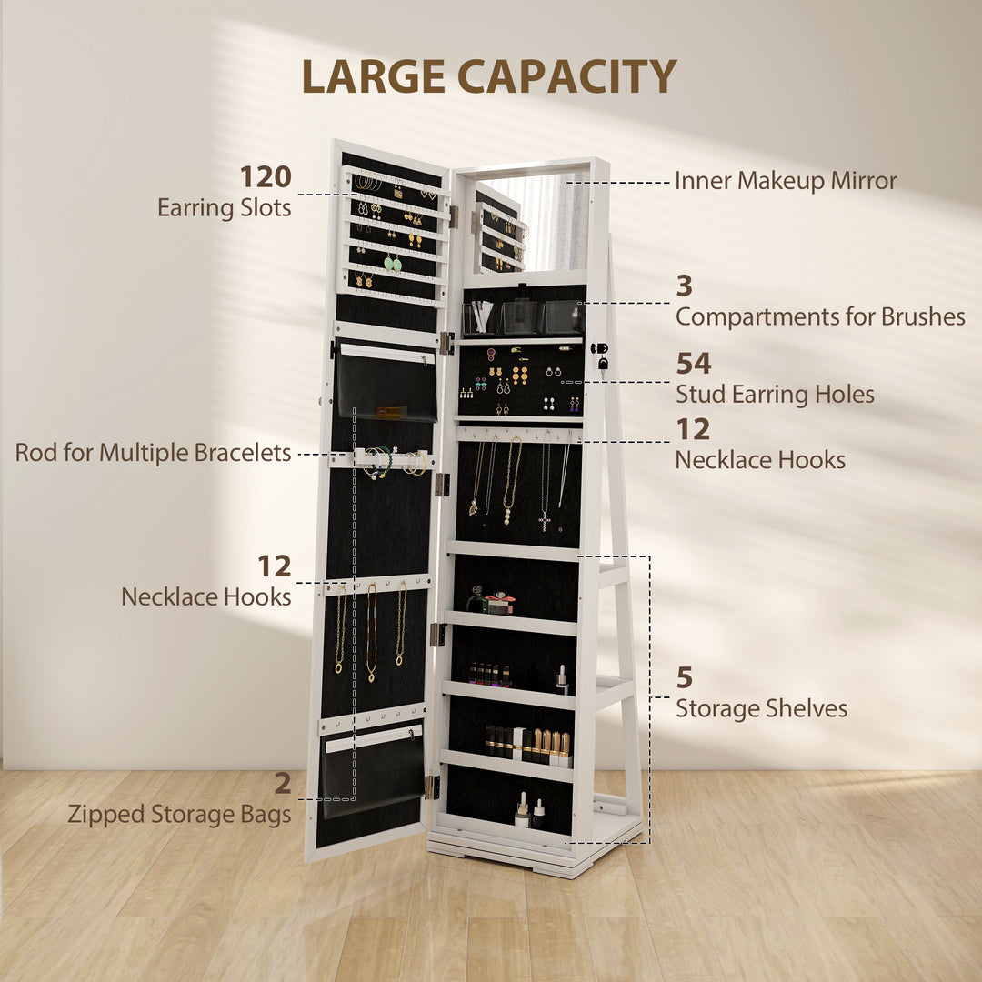 360° Swivel Jewellery Cabinet, Free Standing Full Length Mirror with Storage, Lockable Jewellery Organiser with Built-in Makeup Mirror and Storage Shelves for Bedroom, White