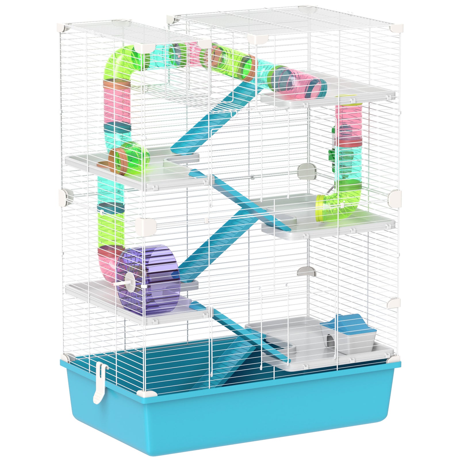 6 Tier Hamster Cage, Small Animal Cage with Tubes, Exercise Wheel, Ramps, Hut, Food Dish, Water Bottle, Light Blue