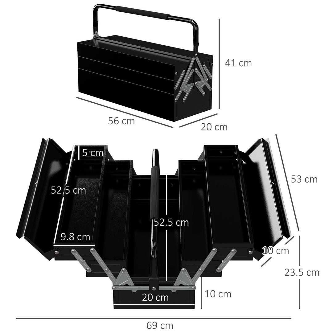 3 Tier Metal Toolbox, 5 Tray Professional Portable Tool Box with Carry Handle for Workshop, 56cmx20cmx34cm, Black