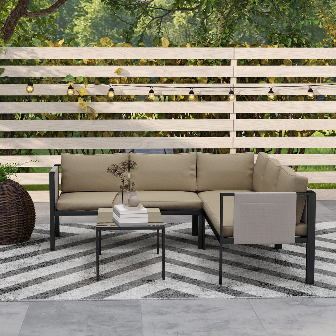 5 Seater Garden Corner Sofa Set, 4 Pieces Metal Garden Furniture Set with Loveseats, Glass Top Coffee Table, Breathable Mesh Pocket, Outdoor Conversation Furniture with Cushions, Khaki