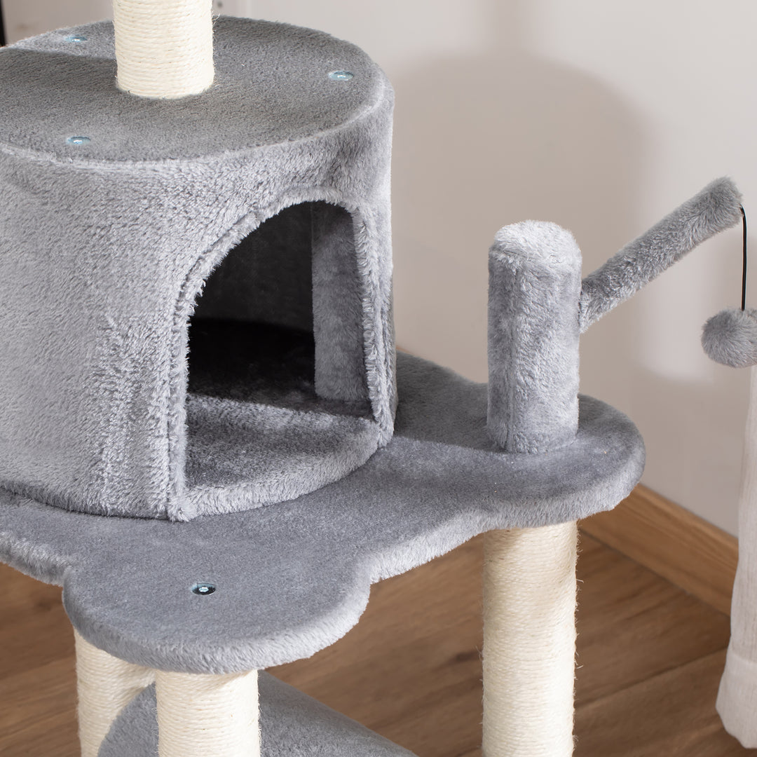 PawHut Cat Tree Tower Climbing Activity Center Kitten Furniture with Jute Scratching Post Bed Tunnel Perch Hanging Balls Grey | Aosom UK