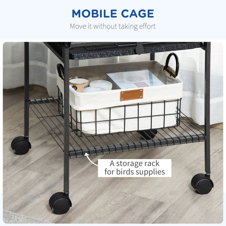 156cm Bird Cage,Large Parrot Cage with Open Play Top, Perch, Seed Guard, Wheels, Storage Shelf, Dark