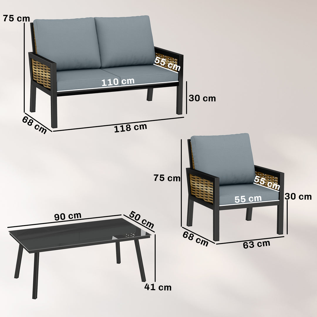 4 Seater Rattan Garden Furniture Set with 2 Armchairs, Loveseat, Coffe