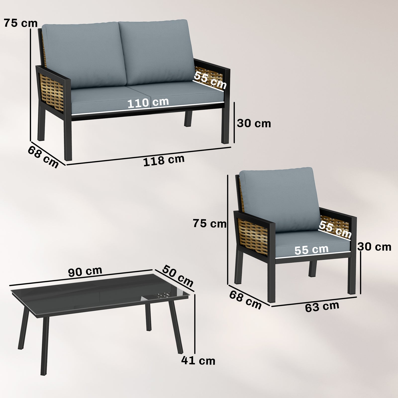 4 Seater Rattan Garden Furniture Set with 2 Armchairs, Loveseat, Coffe