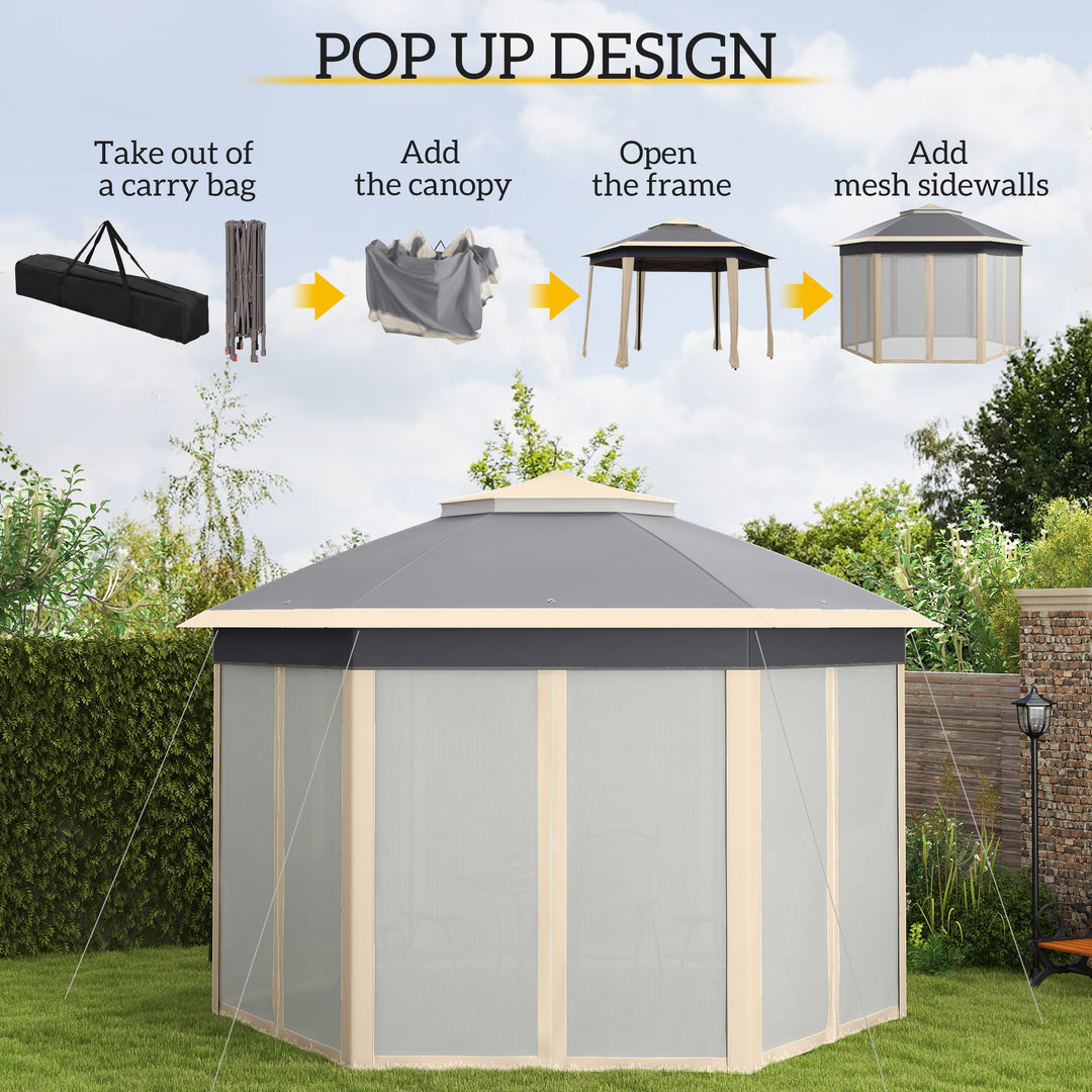 Hexagon Pop Up Gazebo Outdoor Patio Gazebo Double Roof Instant Shelter with Netting, 3 x 4m, Khaki