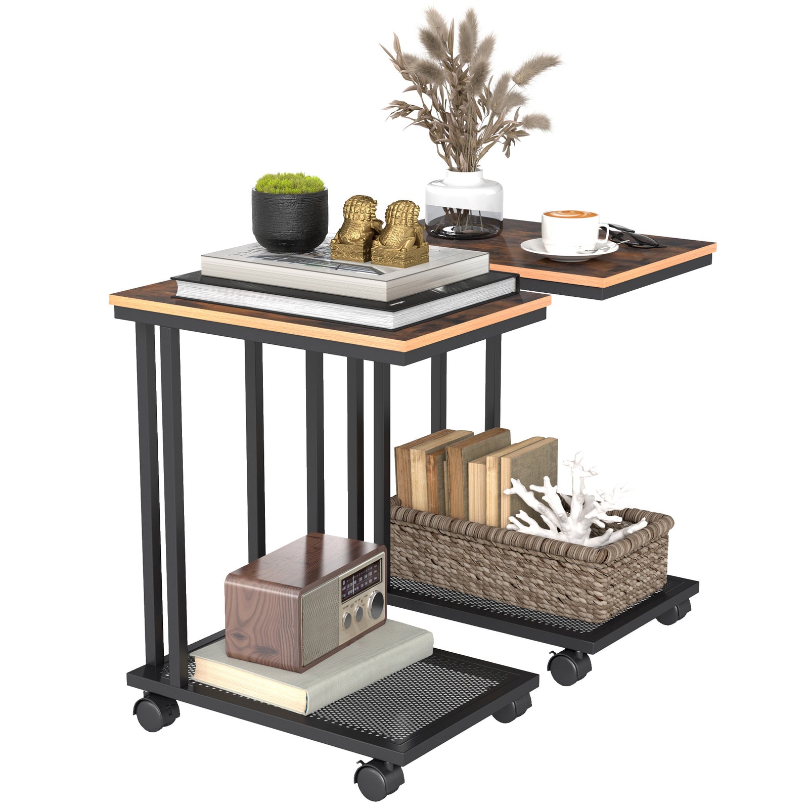 C Shaped Side Table Set of 2 with Wheels, Mobile End Table, Laptop Stand with Metal Frame and Storage Shelf, Rustic Brown