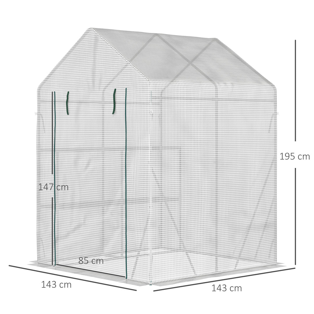 Walk In Greenhouse with 2 Tier Shelf, Portable Gardening Plant Grow House Tomato Greenhouse with Roll up Zip Panel Door, Reinforced PE Cover, 143 x 143 x 195cm, Green