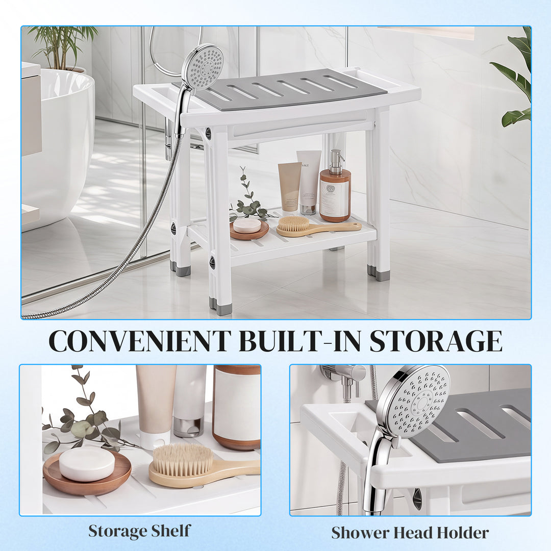 Shower Bench 2-Tier Shower Stool Bathroom with Shelf White and Grey