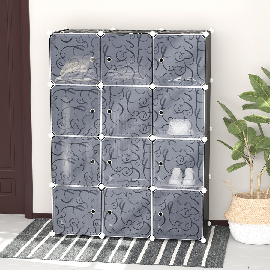 Portable Wardrobe for Bedroom, 12 Cube Closet with 2 Hanging Rails, Modular Storage Cabinet, Plastic Armoire for Space Saving, White and Black