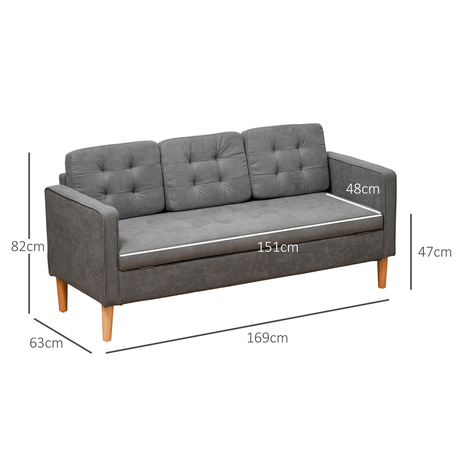 3 Seater Storage Sofa, Fabric Couch with Hidden Under Seat Storage, Th