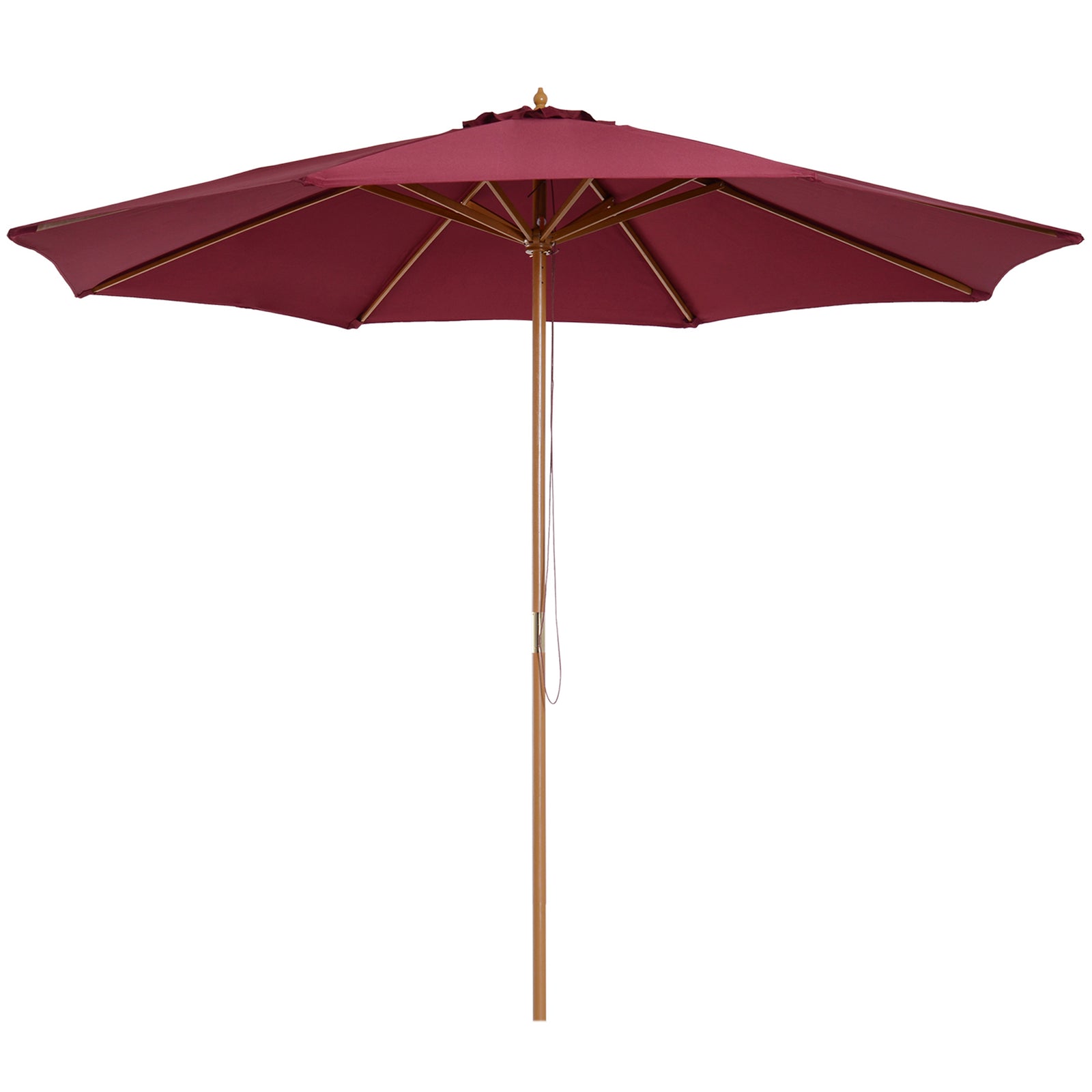 3(m) Garden Parasol, Pulley Operated Patio Umbrella, Wooden Table Market Umbrella with Rope Pulley Mechanism and 8 Ribs, Wine Red