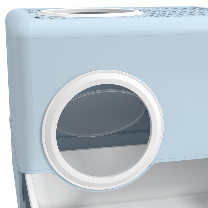 Enclosed Cat Litter Box, with Lid, Front Entry, Top Exit, Pull-Out Tray, Scoop - Blue