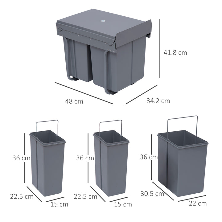 HOMCOM Kitchen Recycle Waste Bin Pull Out Soft Close Dustbin Recycling Cabinet Trash Can Grey (40L (1x20L+2x10L)) | Aosom UK