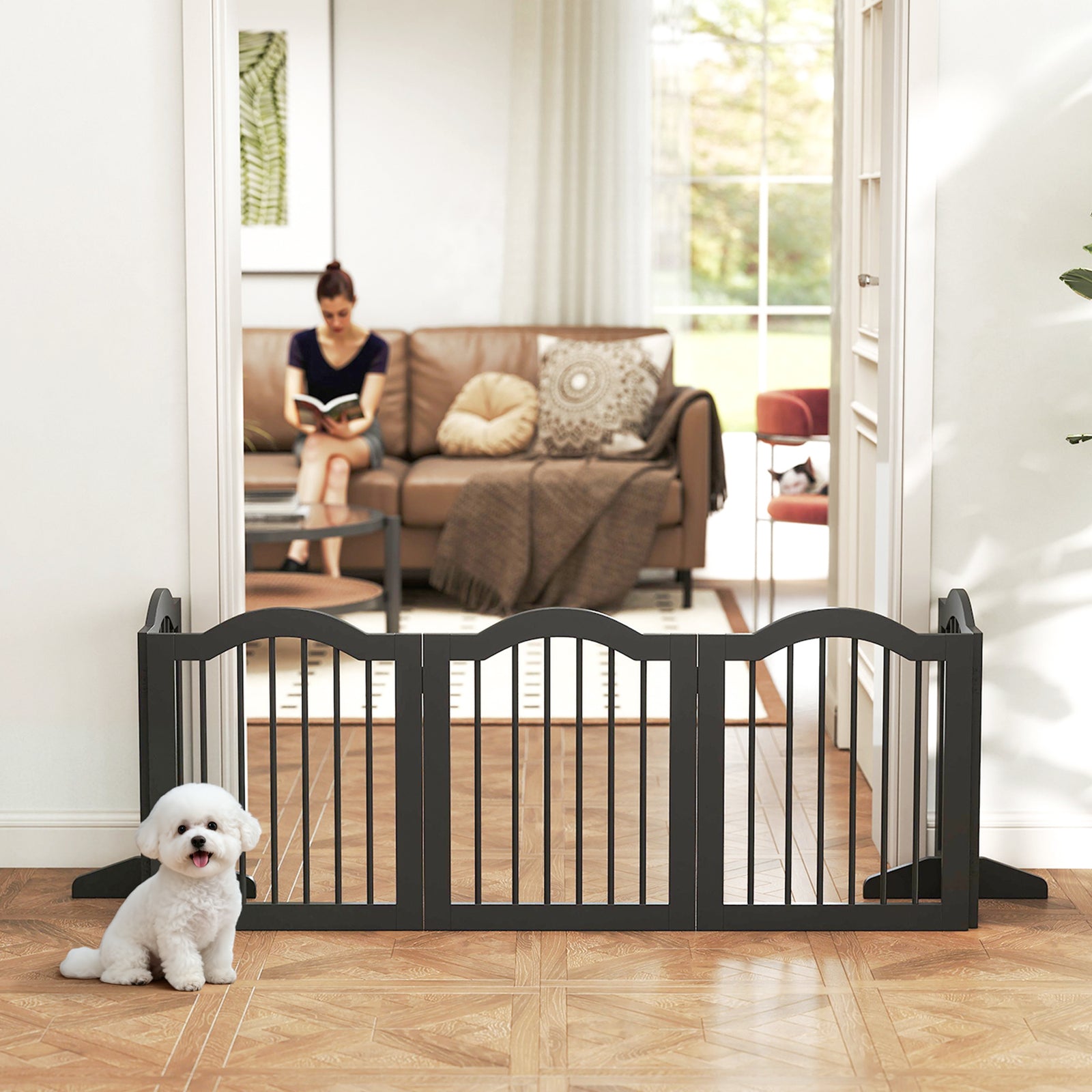 Freestanding Dog Gate Wooden Stair Gate for Dogs with Support Feet Fol