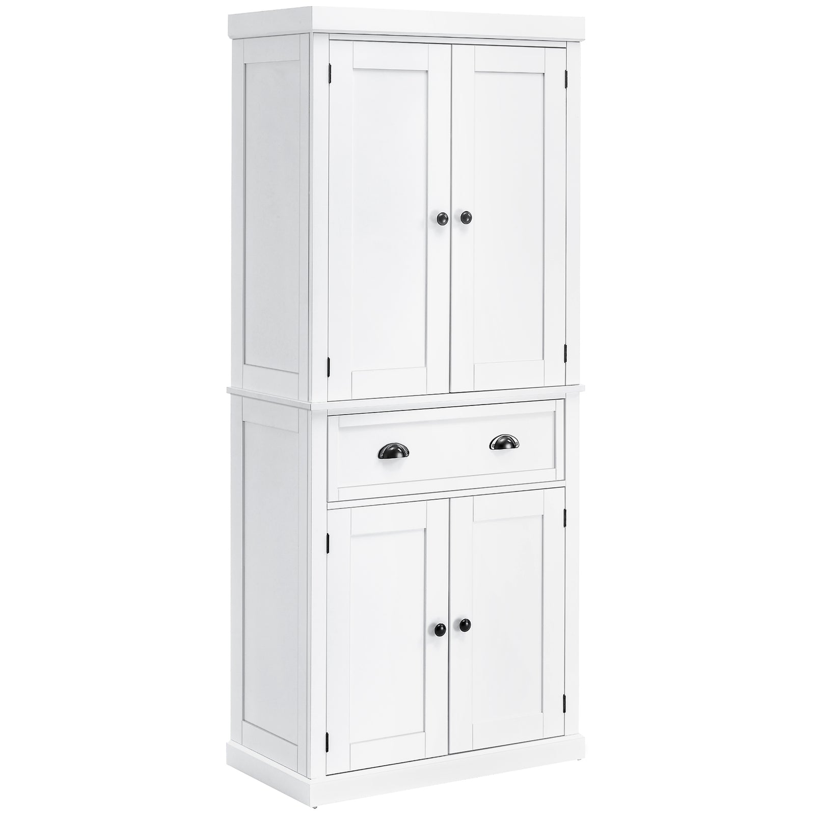Freestanding Kitchen Cupboard, 184cm Tall Storage Cabinet with Doors and Shelves, Traditional Colonial 4-Door Kitchen Pantry Cupboard with Drawer, White