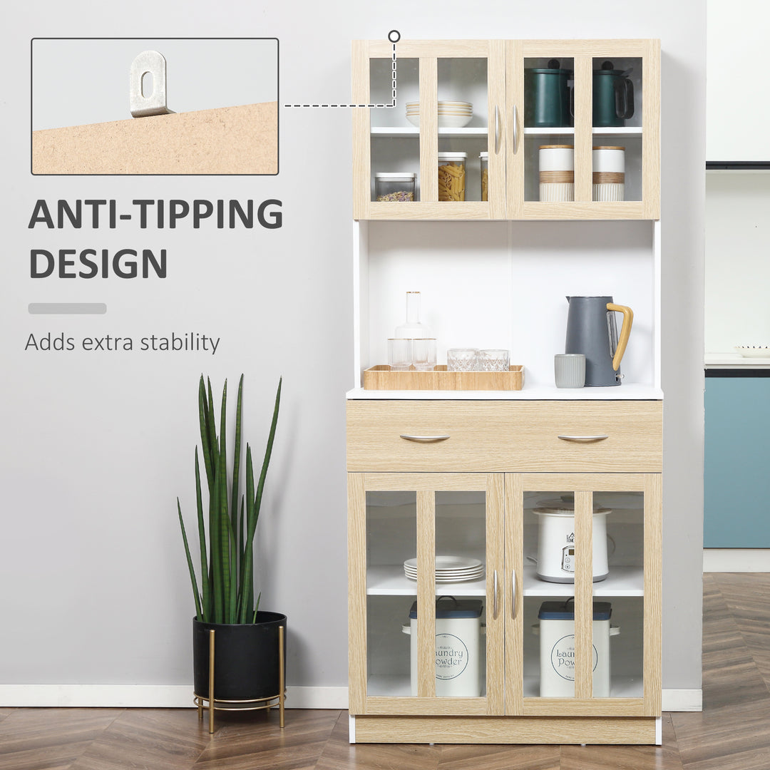 Modern Kitchen Cupboard, Freestanding Storage Cabinet Hutch with Central Drawer, 2 Glass Door Cabinets and Countertop, 180cm