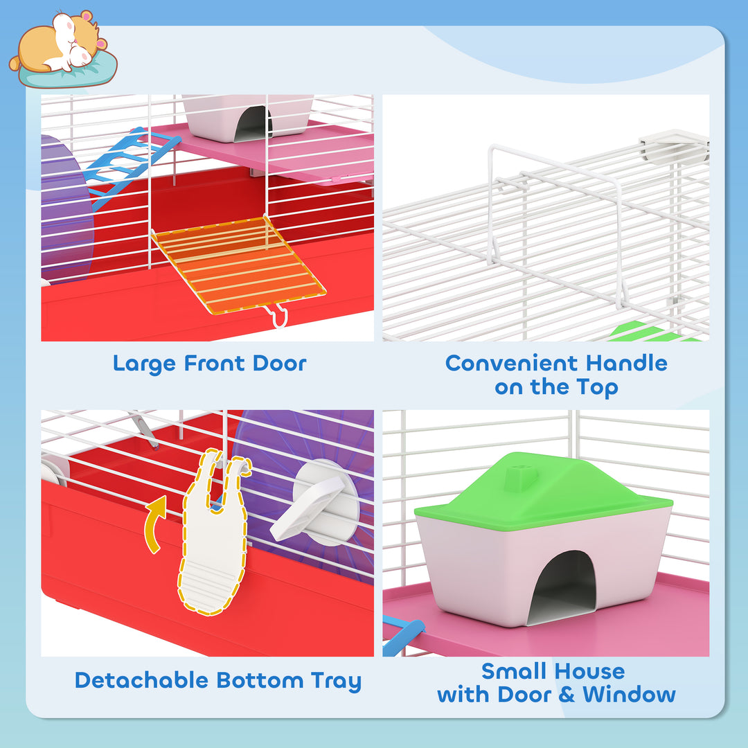 Hamster Cage, Small Gerbil Cage 2 Tiers Portable w/ Handle, Exercise Wheel, Water Bottle, Dishes