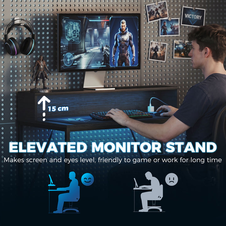 Gaming Desk, 100cm Computer Desk with LED Lights, Power Outlets, Monit