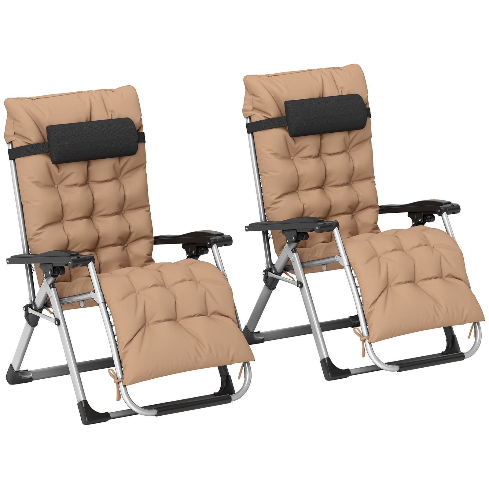 2 Piece Reclining Zero Gravity Sun Loungers with Cushions, Khaki