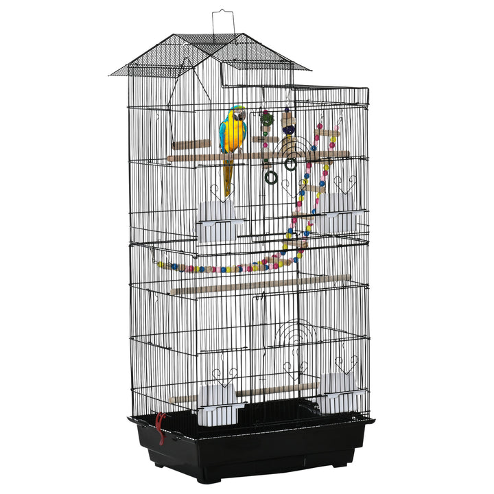 PawHut Bird Cage with Accessories, Suitable for Budgies, Finches, Canaries, Includes Toys, Tray, Handle, 46 x 36 x 100 cm, Black | Aosom UK