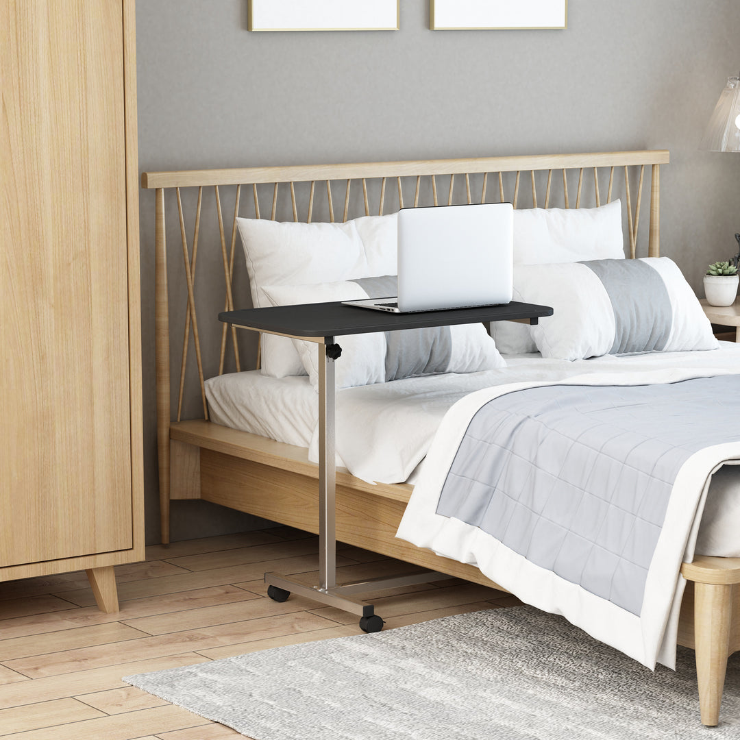 MCL Height Adjustable Over Bed Table with Wheels, C Shaped Laptop Desk, Portable Hospital Bed Table for Living Room, Bedroom, Black