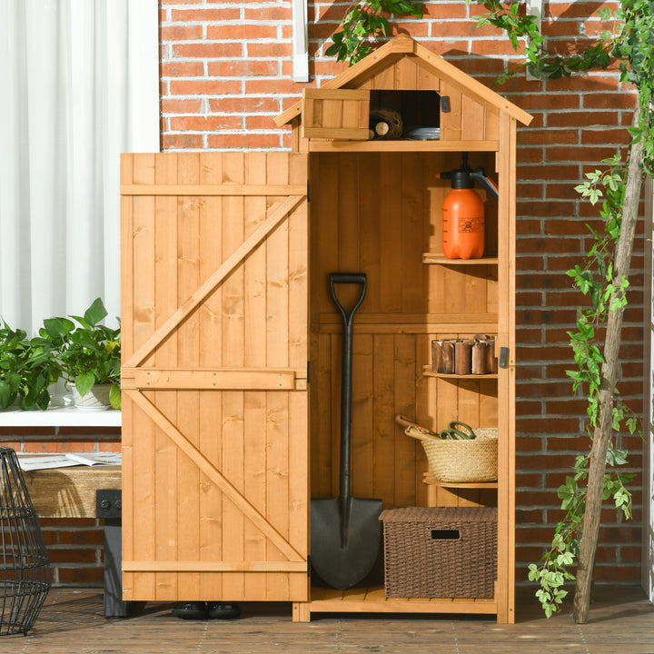 Outsunny Wooden Garden Storage Shed Vertical Tool Cabinet Organiser w/ Shelves, Lockable Door, 77 x 54.2 x 179 cm, Brown
