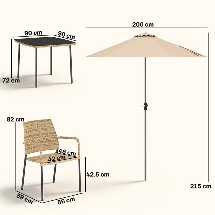 4 Seater Rattan Dining Set with Parasol, 6 Piece Garden Table and Stac