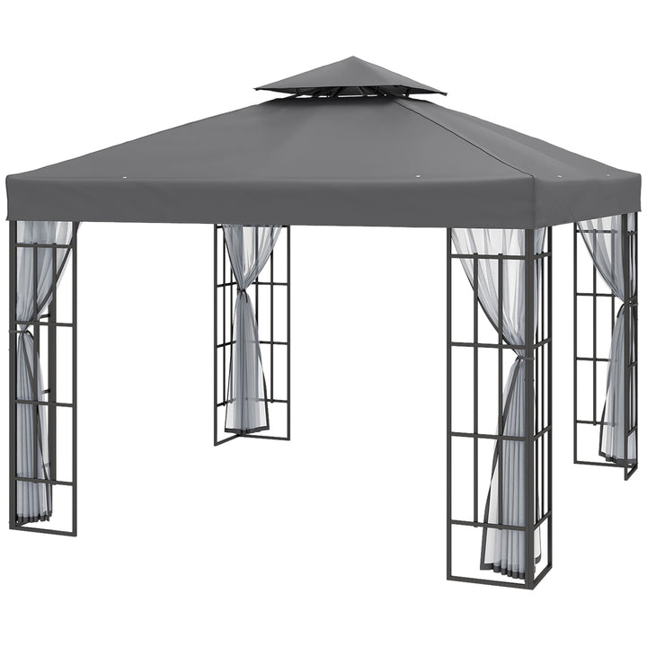 Outsunny Patio Gazebo 3 x 3m, Garden Pavilion Tent Shelter with 2 Tier Roof, Mosquito Netting, Steel Frame, Grey