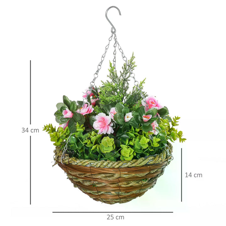 Outsunny Set of 2 Artificial Plant Lisianthus Flowers Hanging Planter with Basket for Indoor Outdoor Decoration