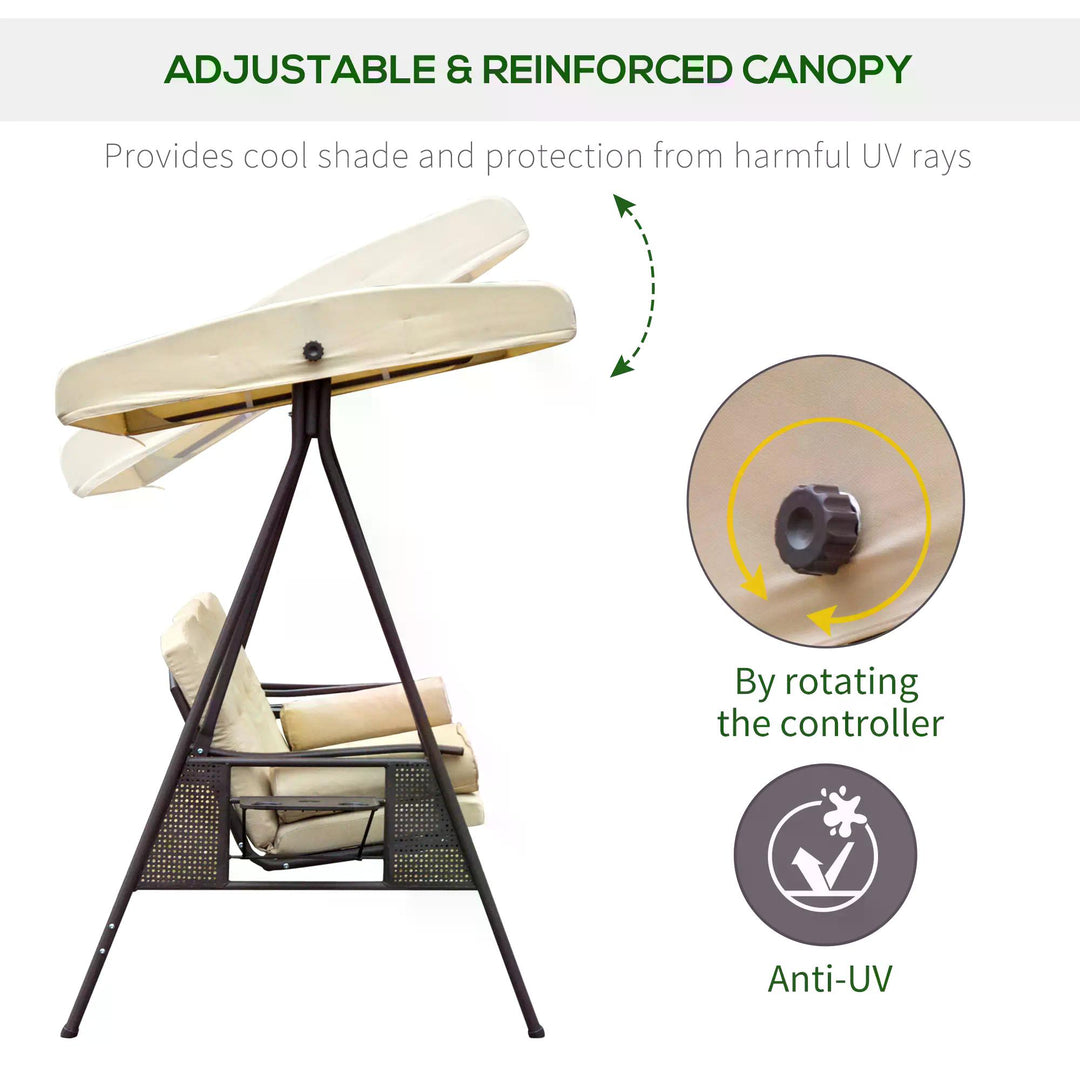 Swing Chair Hammock Chair 3 Seater Canopy Cushion Shelter Outdoor Bench Steel Beige