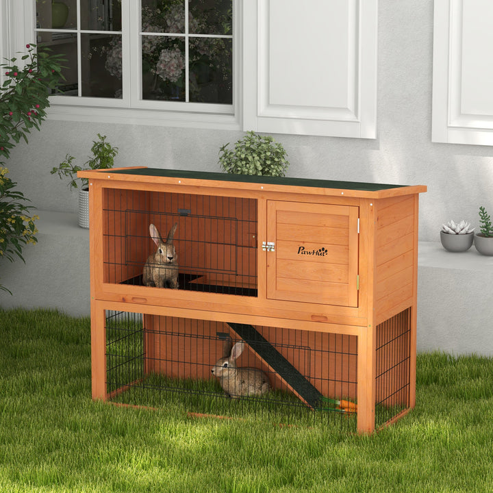 PawHut 2 Tier Antiseptic Wood Rabbit Hutch with Run Outdoor 92cm Orange | Aosom UK