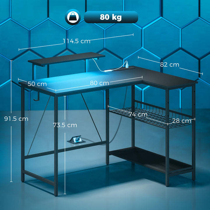 114.5 cm L-Shaped Gaming Desk, Computer Desk with LED Lights, Power - view 3