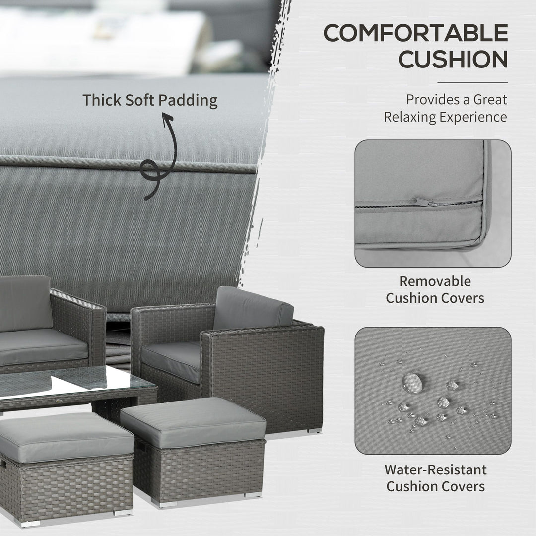6PC Garden Rattan Sofa Set Bonzer Outdoor Furniture Patio Table Loveseat Stool Lounging Ottoman Aluminium Frame Wicker Weave Conservatory Grey