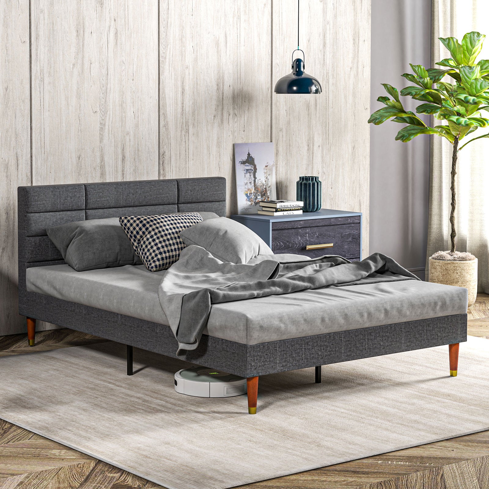 Upholstered Double Bed Frame, with Slats - Grey
