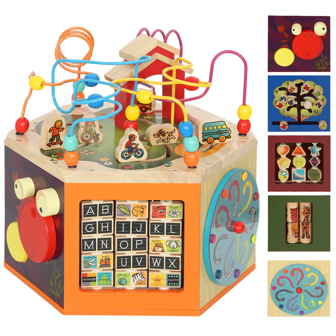 MCL 8 in 1 Wooden Activity Cube with Bead Maze, Shape Sorter, for Kids Boys Girls 18+ Months