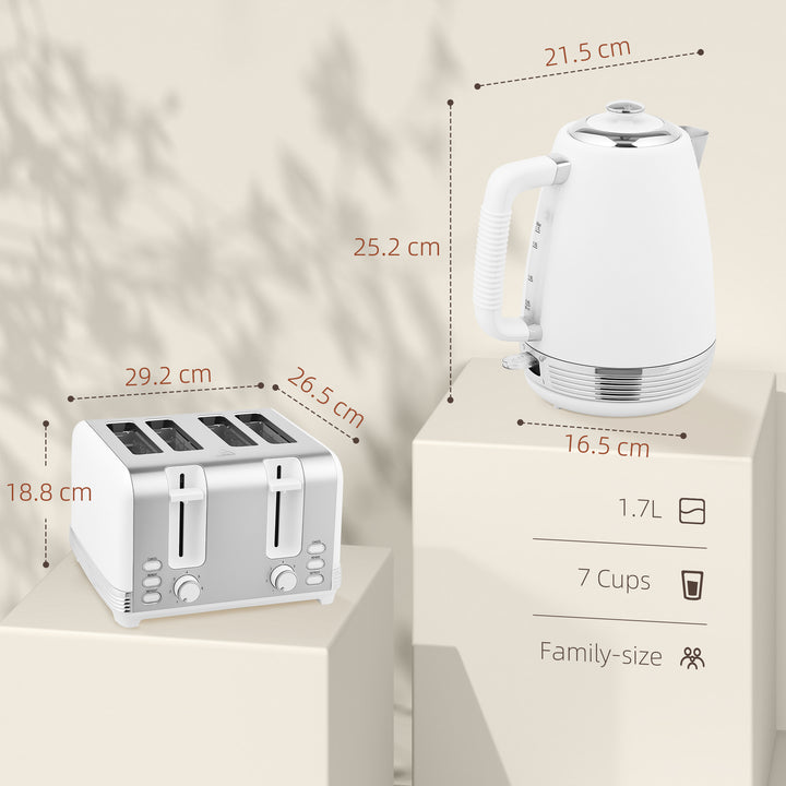 Stainless Steel Kettle and Toaster Set, 1.7L 3000W Rapid Boil Jug Kettle with UK Strix Thermostat, Limescale Filter, 4 Slice Toaster with 7 Browning Controls, Crumb Tray, White and Silver Tone