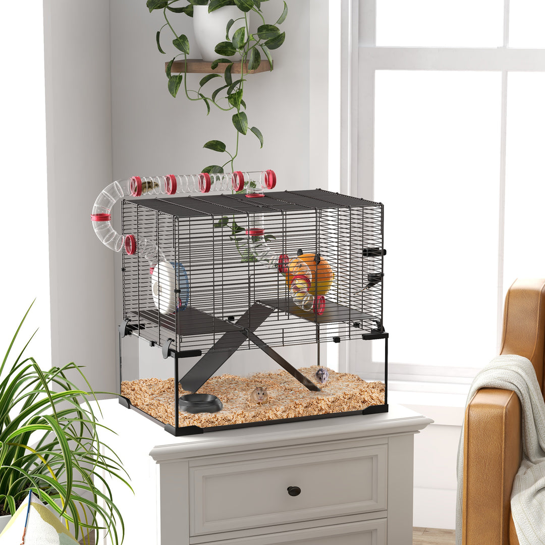 PawHut Gerbil Cage Dwarf Hamster Cage, with Deep Glass Bottom, Tunnels, Hut, Exercise Wheel, 60 x 40 x 57cm | Aosom UK